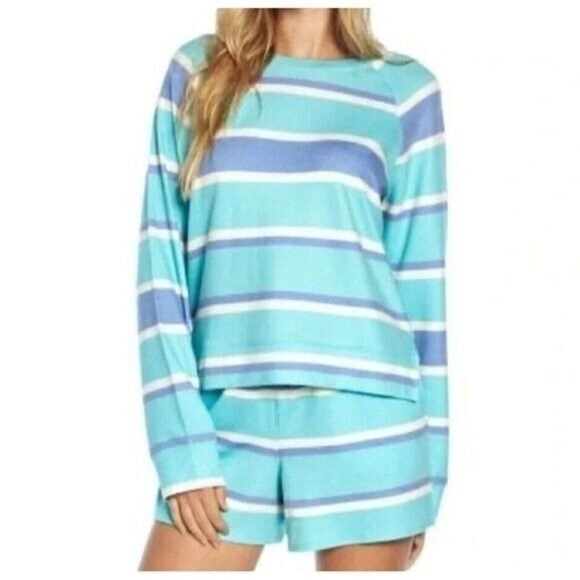 Wildfox Relaxed Fit Super Soft Sweatshirt And Short Lounge Pajama Set L Striped - Picture 7 of 7